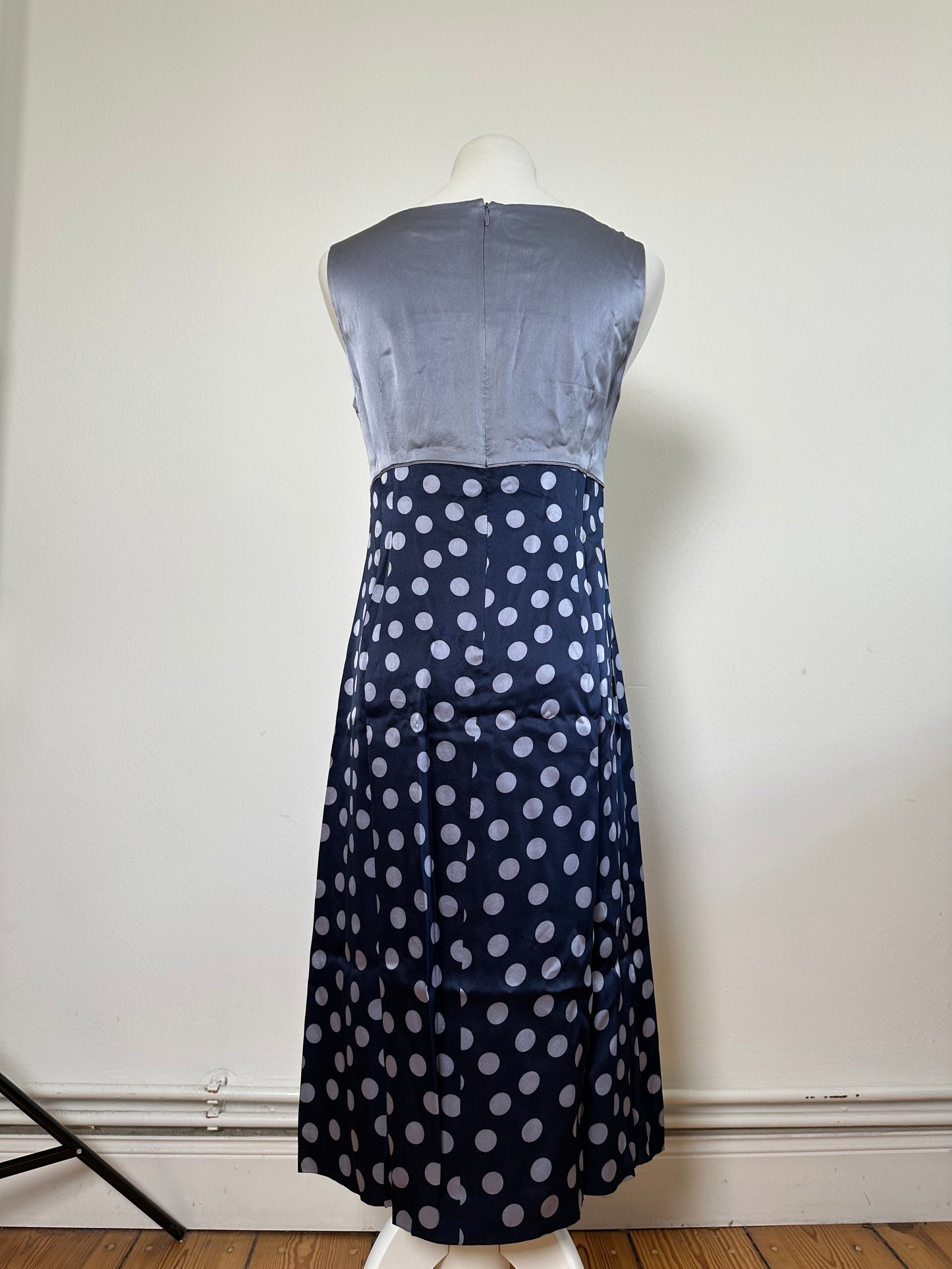 Vintage Balenciaga Silk Polka Dot Dress Navy Grey M
