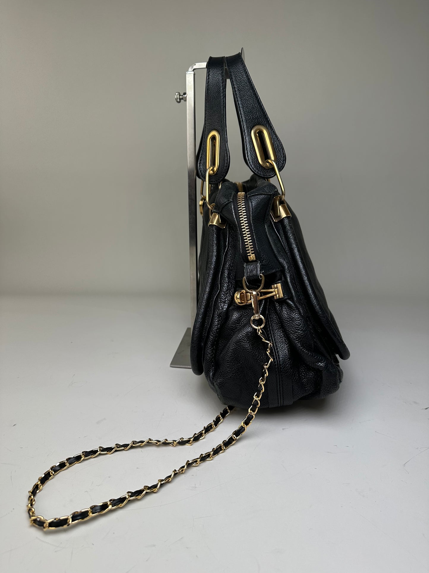 Vintage Chloe Grained Leather Shoulder Bag Black Gold
