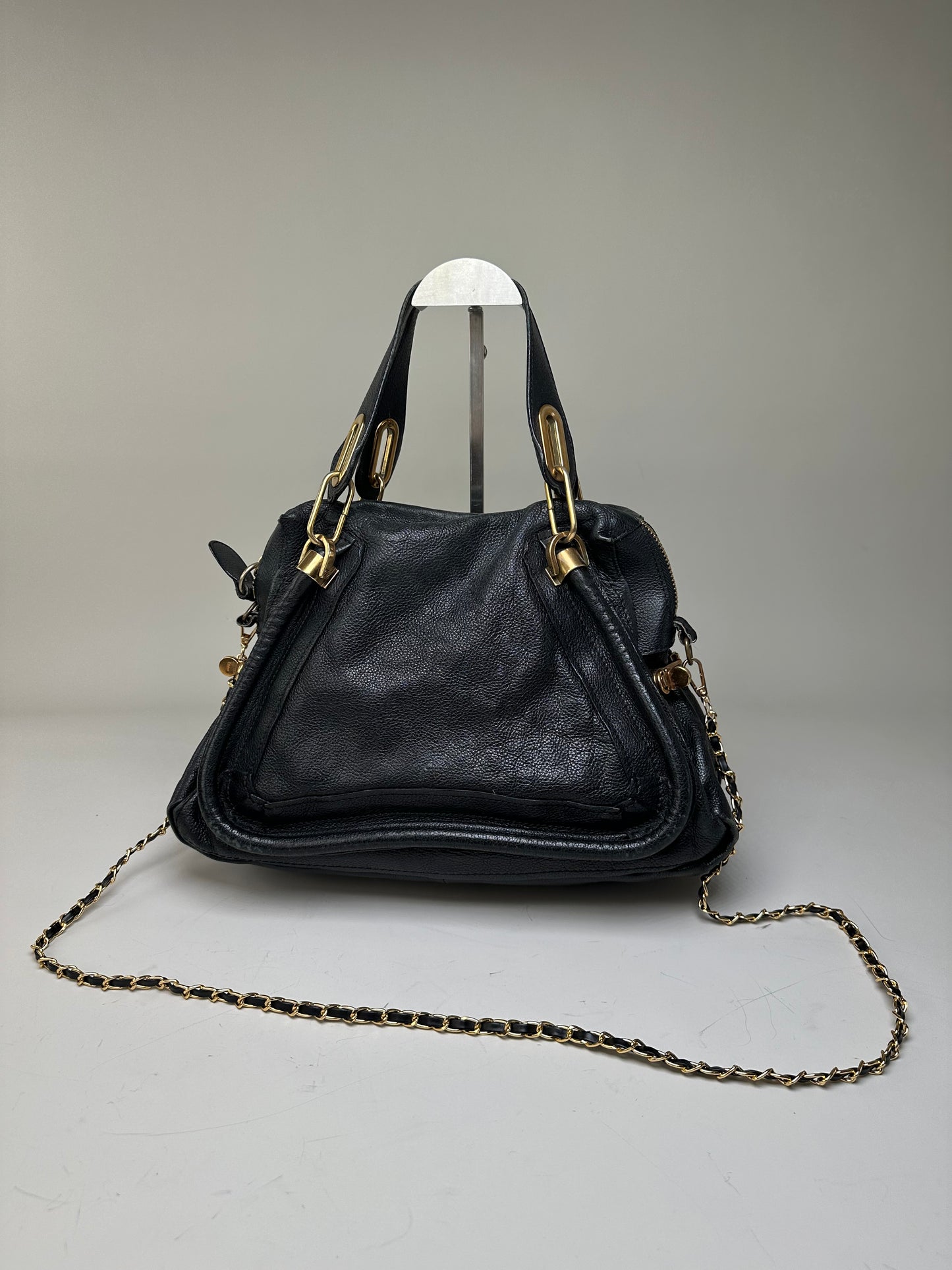 Vintage Chloe Grained Leather Shoulder Bag Black Gold