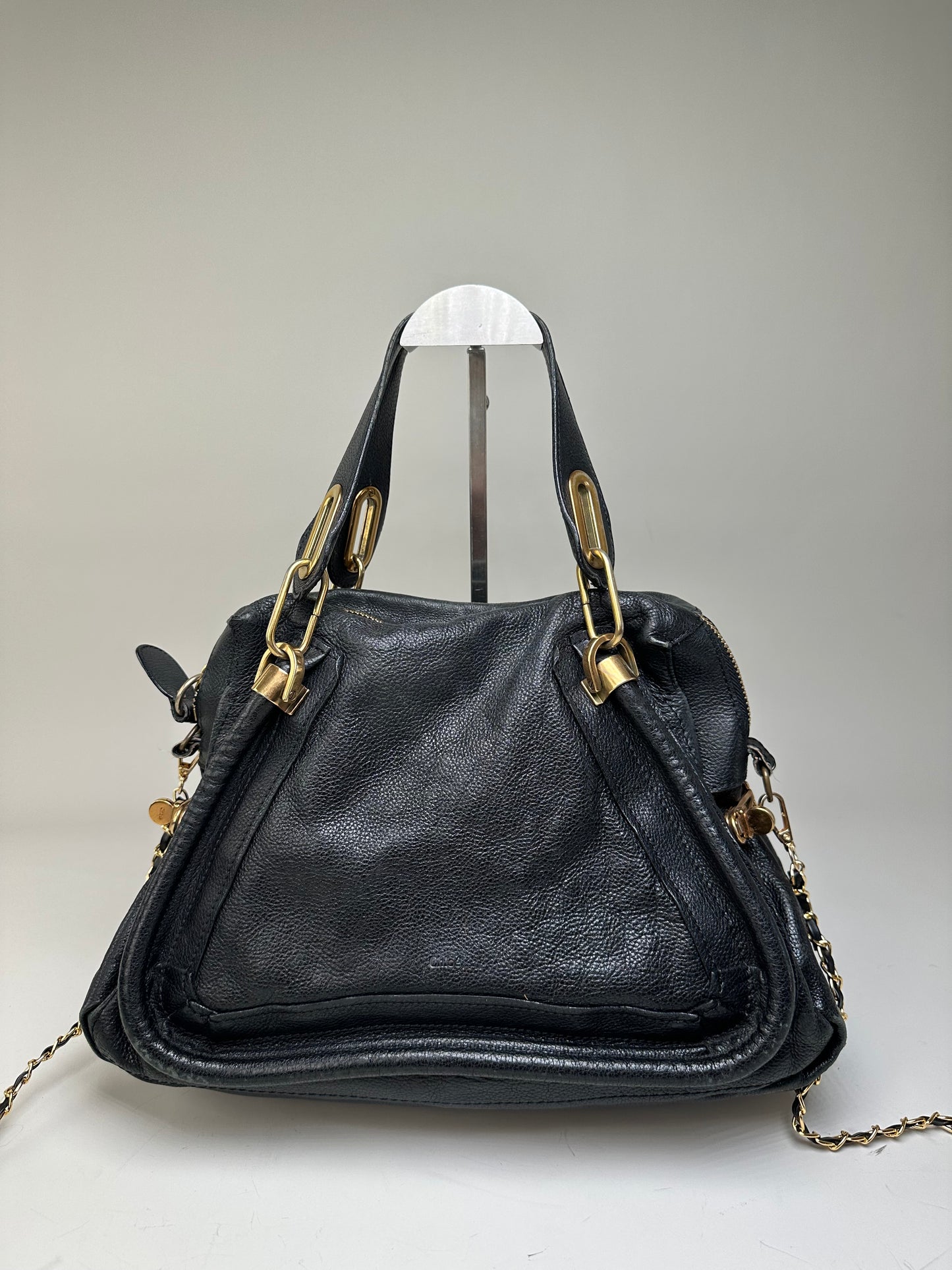 Vintage Chloe Grained Leather Shoulder Bag Black Gold