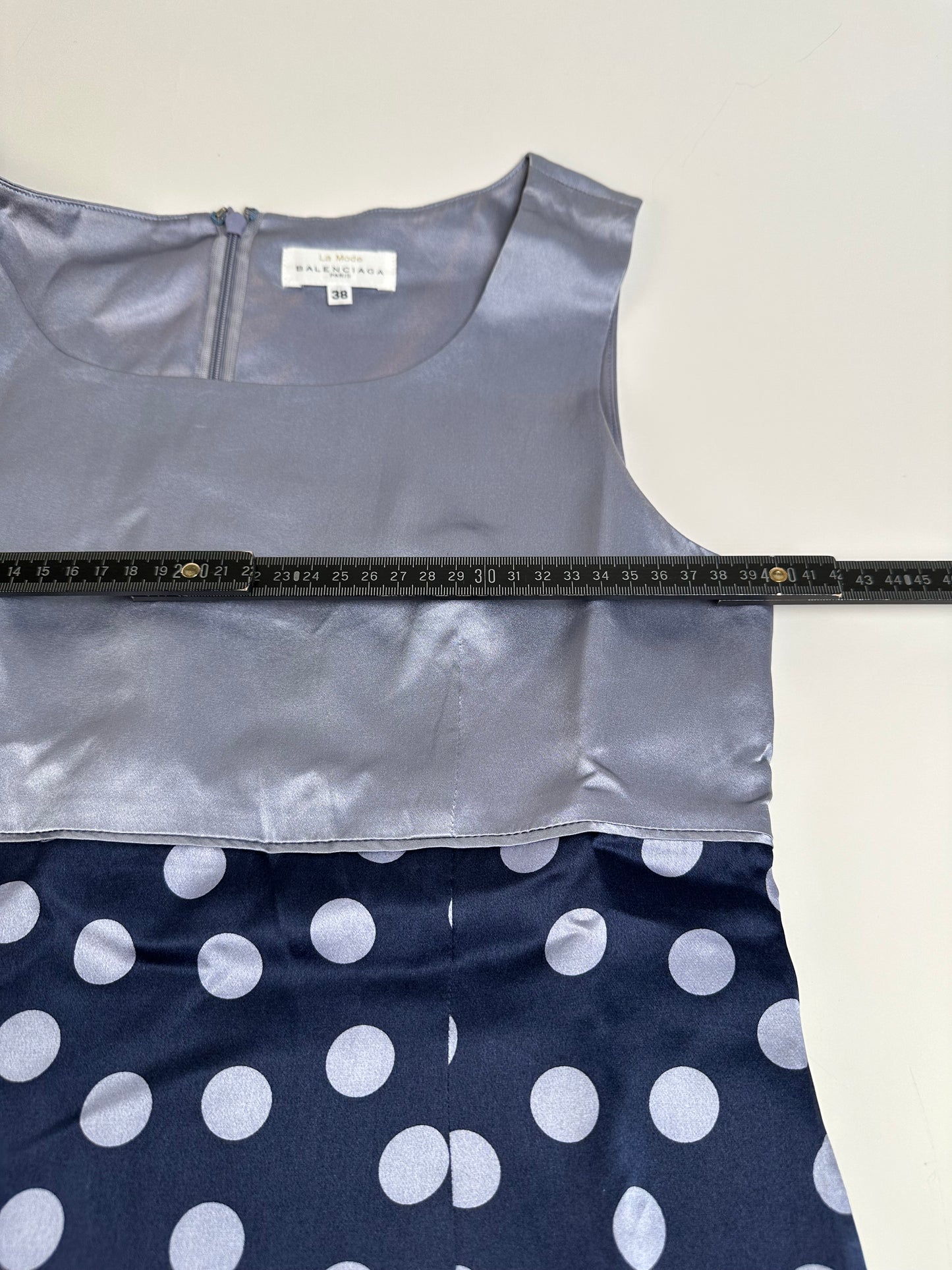 Vintage Balenciaga Silk Polka Dot Dress Navy Grey M