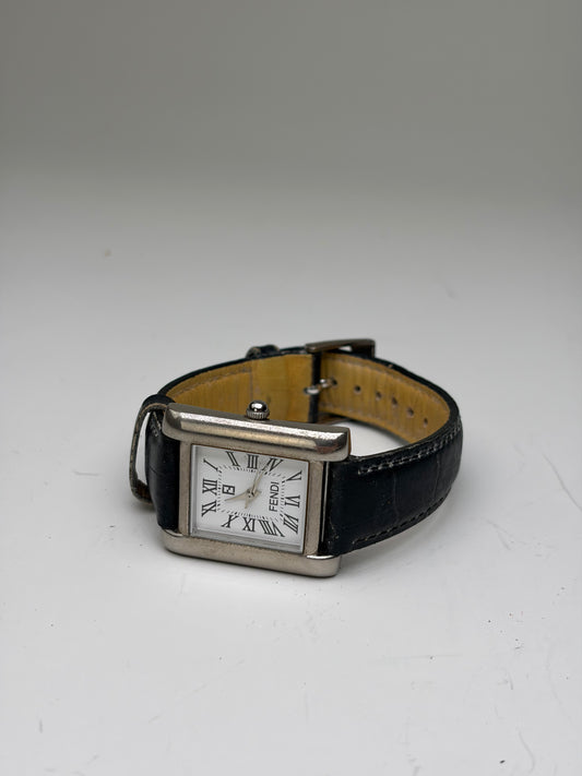 Vintage Fendi Stainless Steel Leather Strap Watch Black White