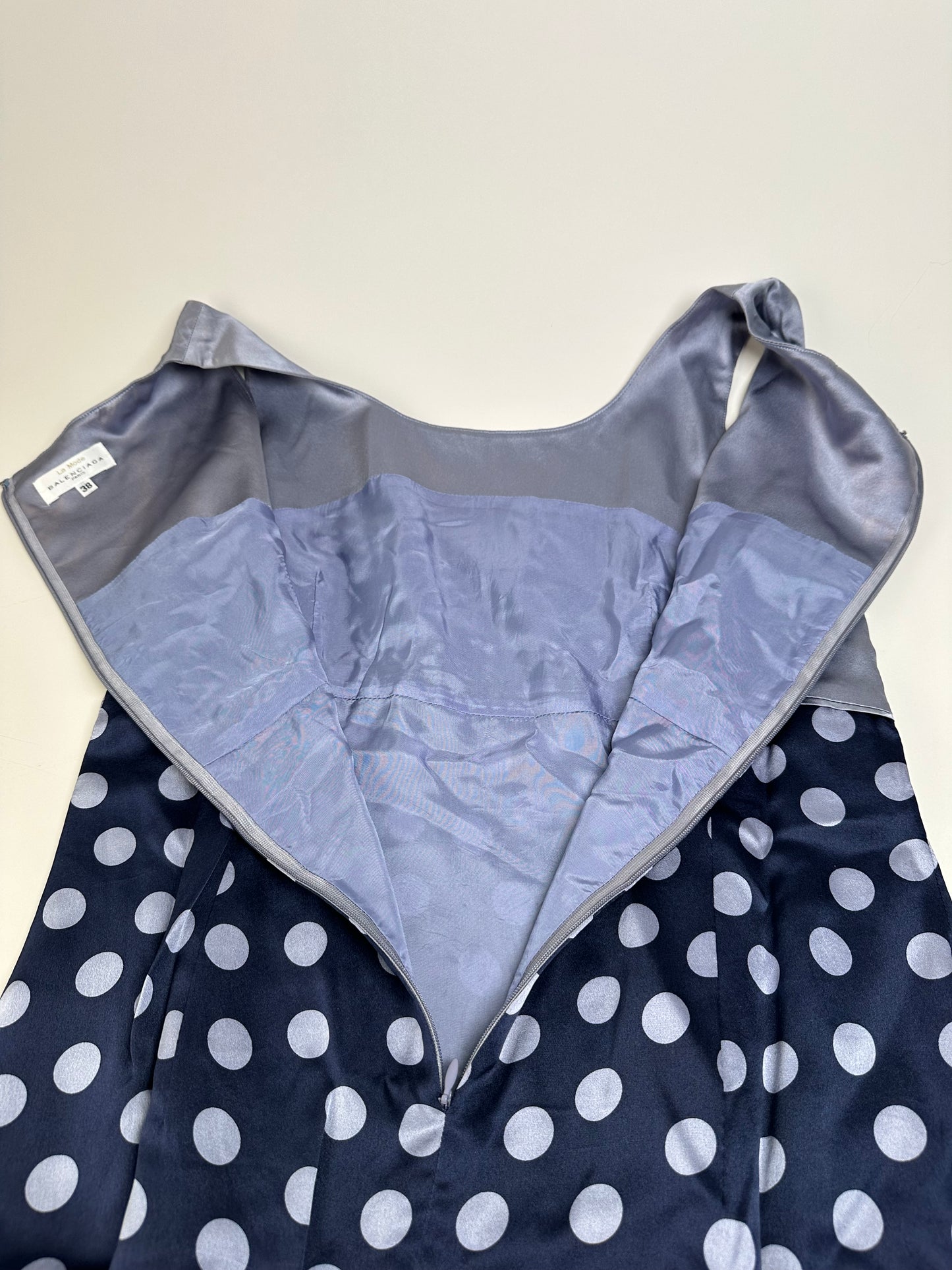 Vintage Balenciaga Silk Polka Dot Dress Navy Grey M