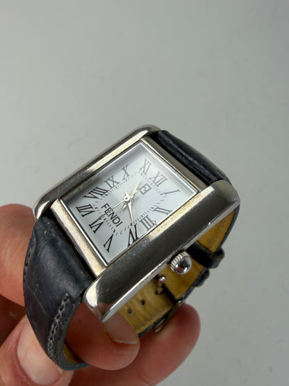 Vintage Fendi Stainless Steel Leather Strap Watch Black White