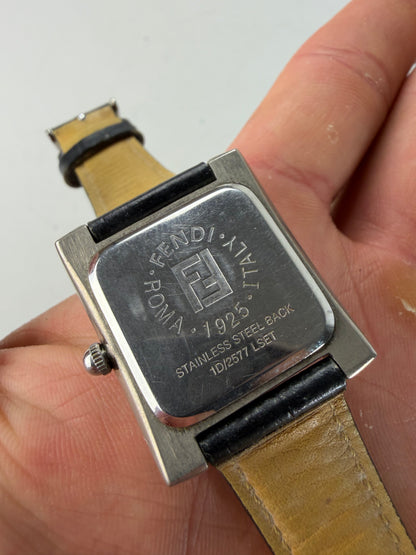 Vintage Fendi Stainless Steel Leather Strap Watch Black White