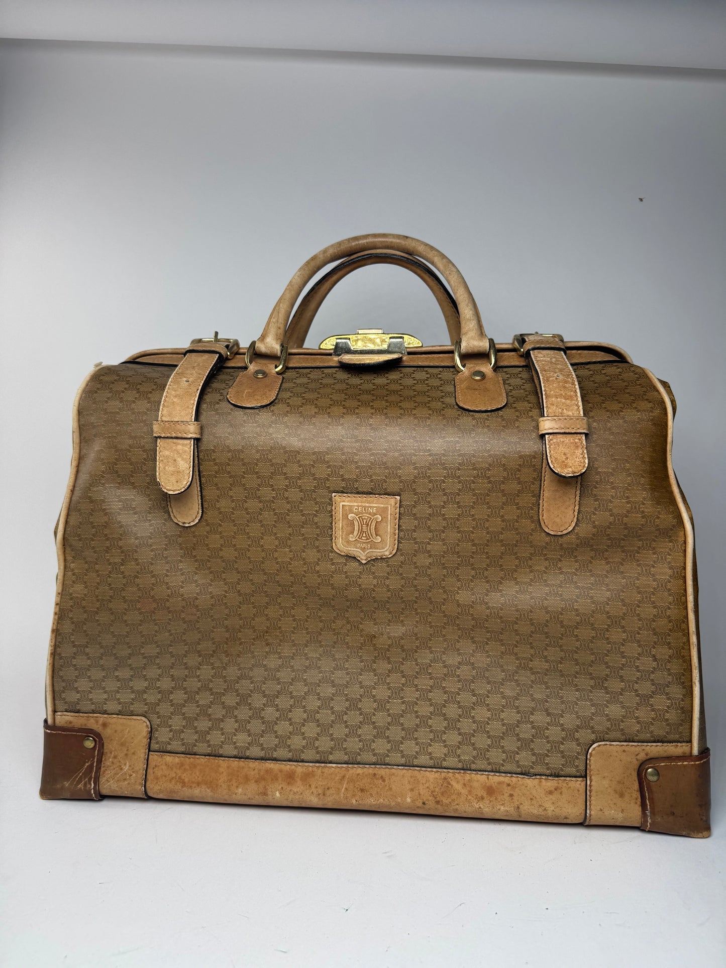 Sac de voyage vintage en cuir Monogram Céline Paris marron doré