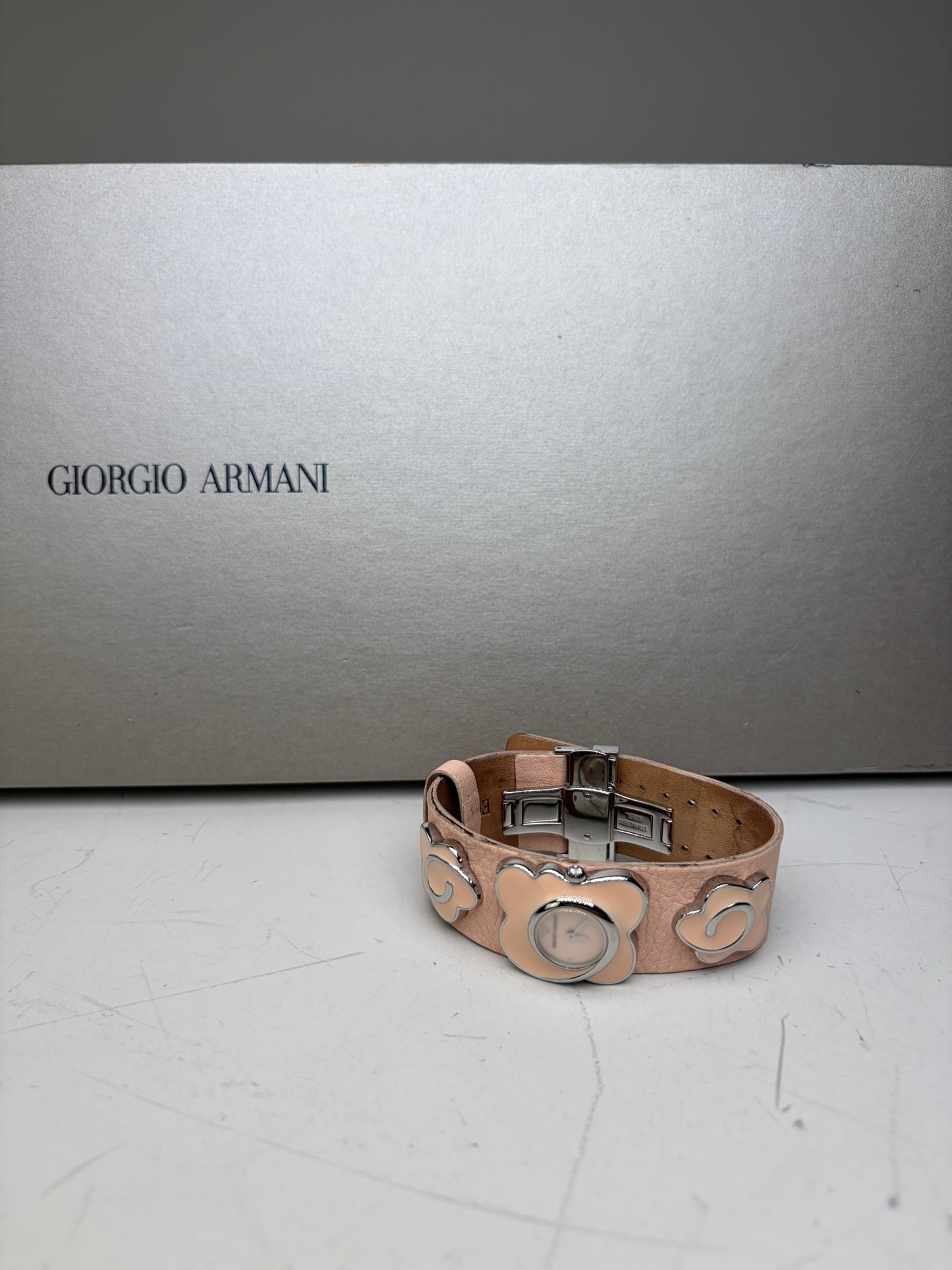Vintage Giorgio Armani Leather Bracelet Watch Peach Silver