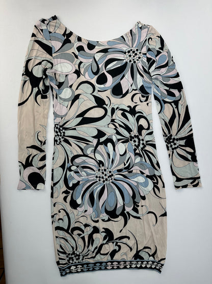 Vintage Emilio Pucci Jersey Long Sleeve Dress Early 2000s Cream Blue XS