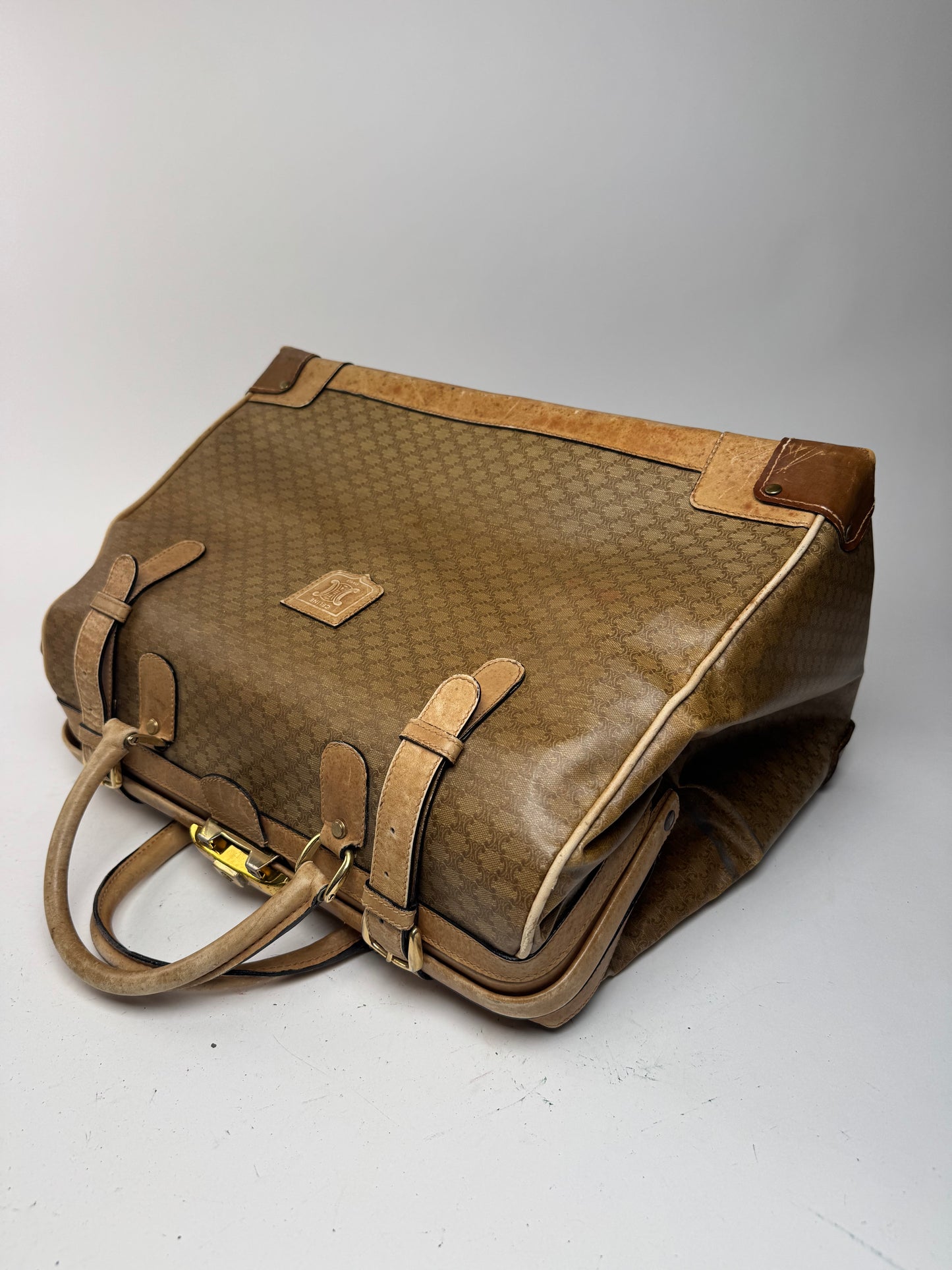 Sac de voyage vintage en cuir Monogram Céline Paris marron doré
