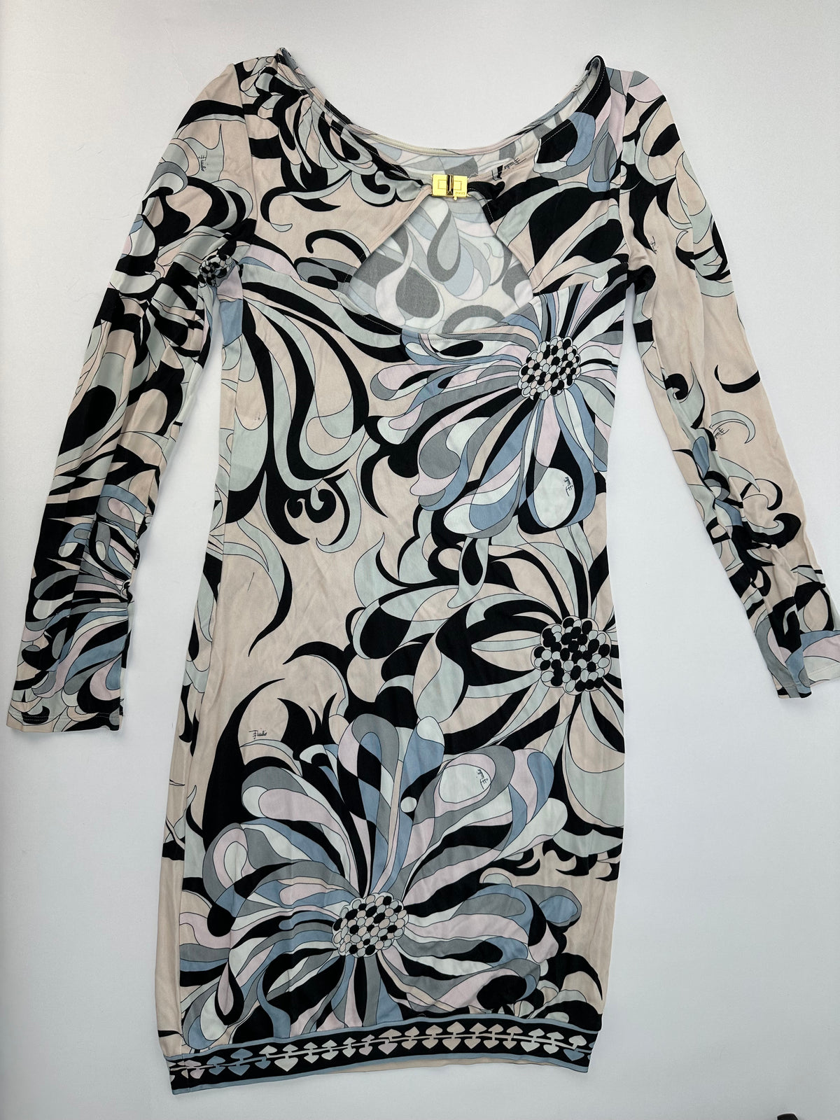 Vintage Emilio Pucci Jersey Long Sleeve Dress Early 2000s Cream Blue XS