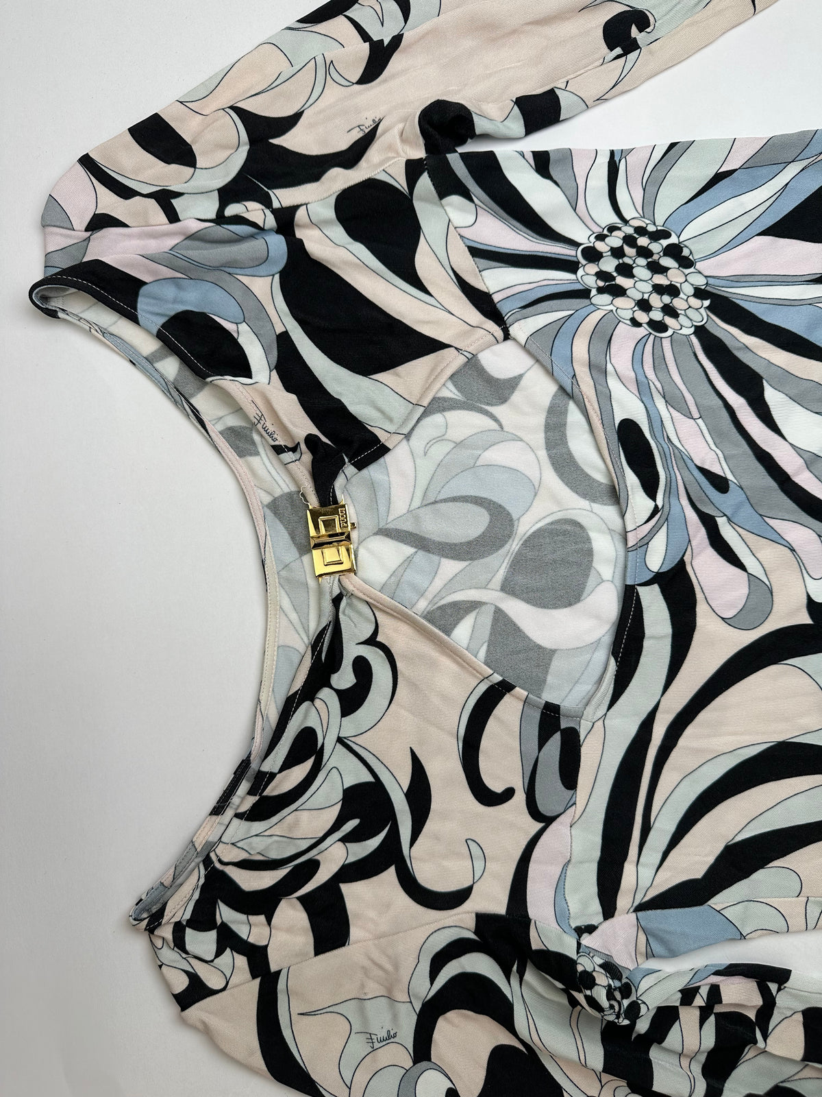 Vintage Emilio Pucci Jersey Long Sleeve Dress Early 2000s Cream Blue XS