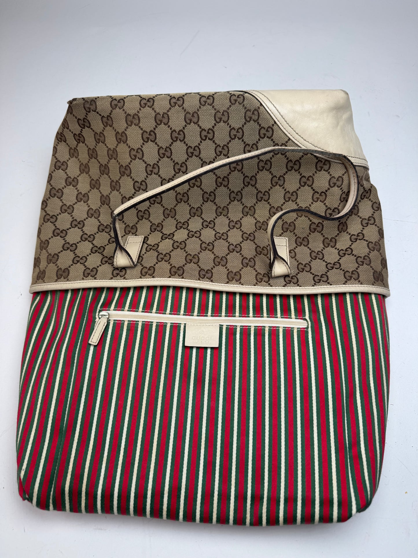 Vintage Gucci Monogram Canvas Leather Tote Bag Beige brown white