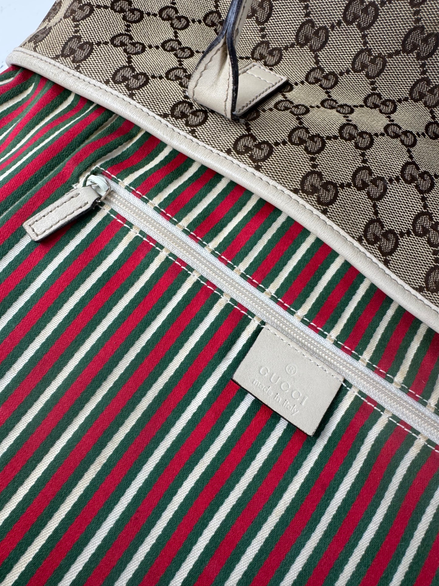 Vintage Gucci Monogram Canvas Leather Tote Bag Beige brown white