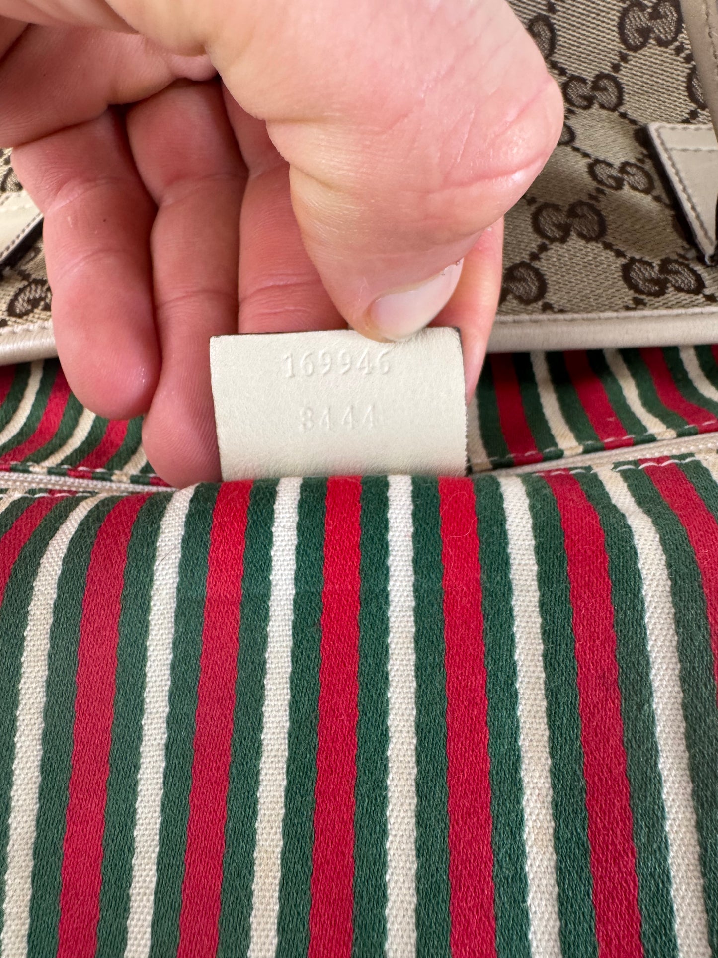 Vintage Gucci Monogram Canvas Leather Tote Bag Beige brown white