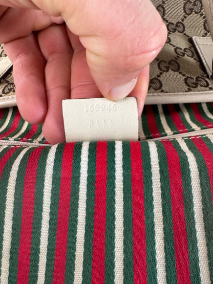 Vintage Gucci Monogram Canvas Leather Tote Bag Beige brown white