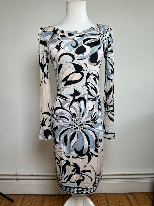 Vintage Emilio Pucci Jersey Long Sleeve Dress Early 2000s Cream Blue XS
