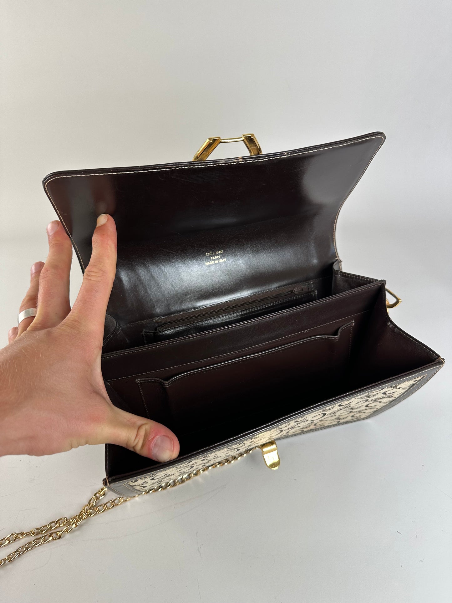 Vintage Celine C Logo Canvas Shoulder Bag Beige Brown Gold