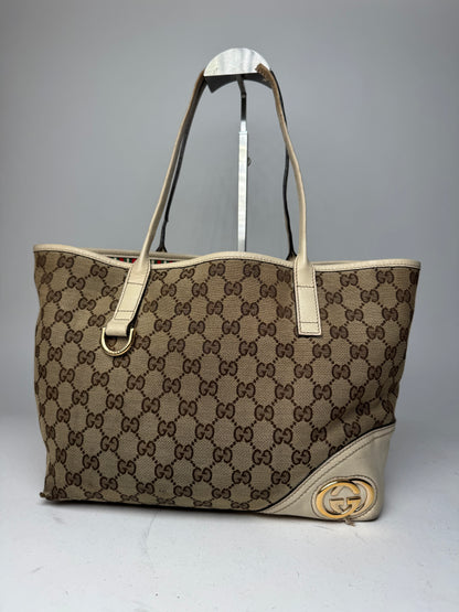 Vintage Gucci Monogram Canvas Leather Tote Bag Beige brown white