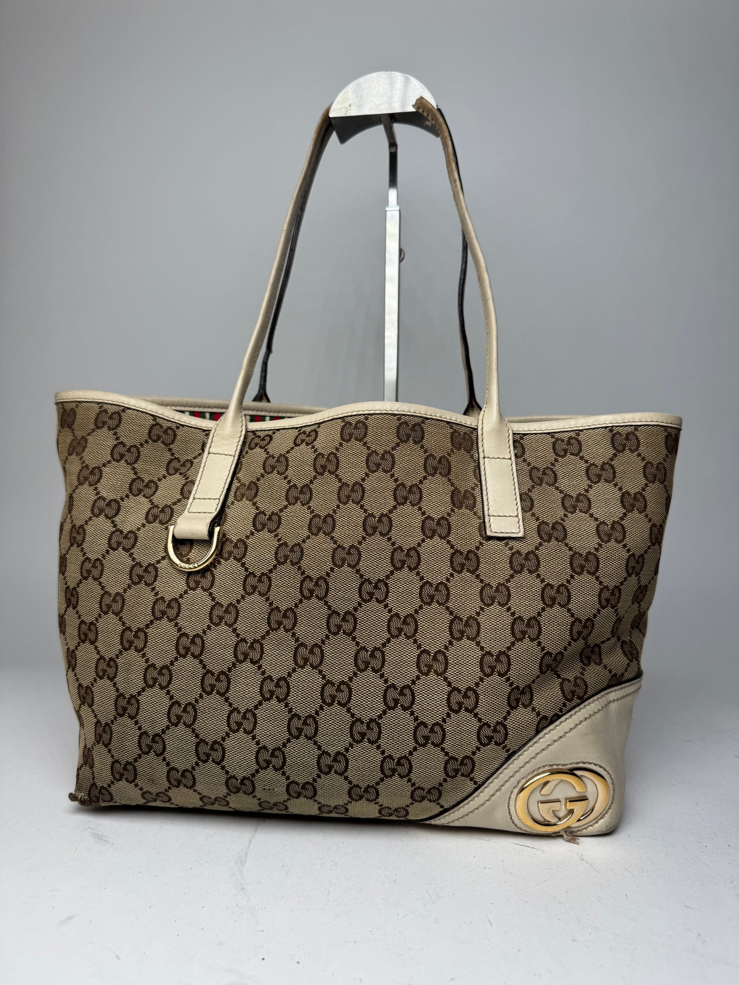 Vintage Gucci Monogram Canvas Leather Tote Bag Beige brown white