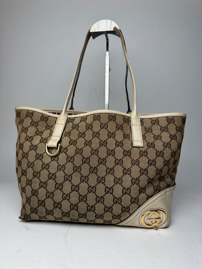 Vintage Gucci Monogram Canvas Leather Tote Bag Beige brown white
