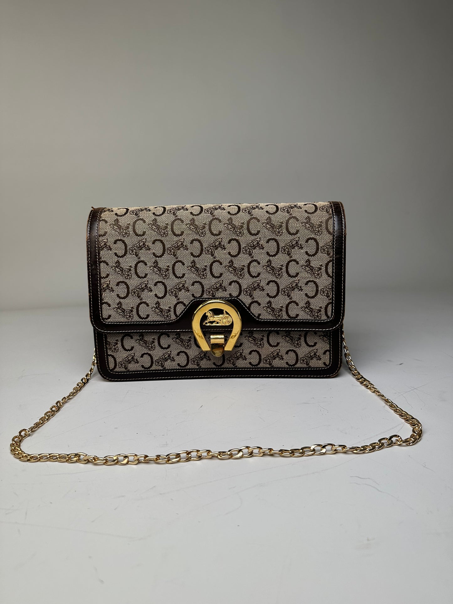 Vintage Celine C Logo Canvas Shoulder Bag Beige Brown Gold