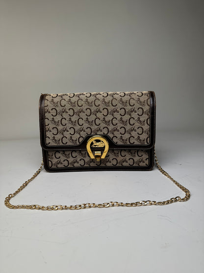 Vintage Celine C Logo Canvas Shoulder Bag Beige Brown Gold
