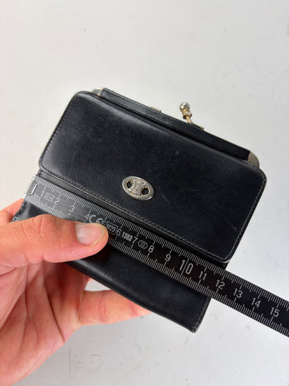 Vintage Celine Leather Kiss Lock Wallet Black Silver