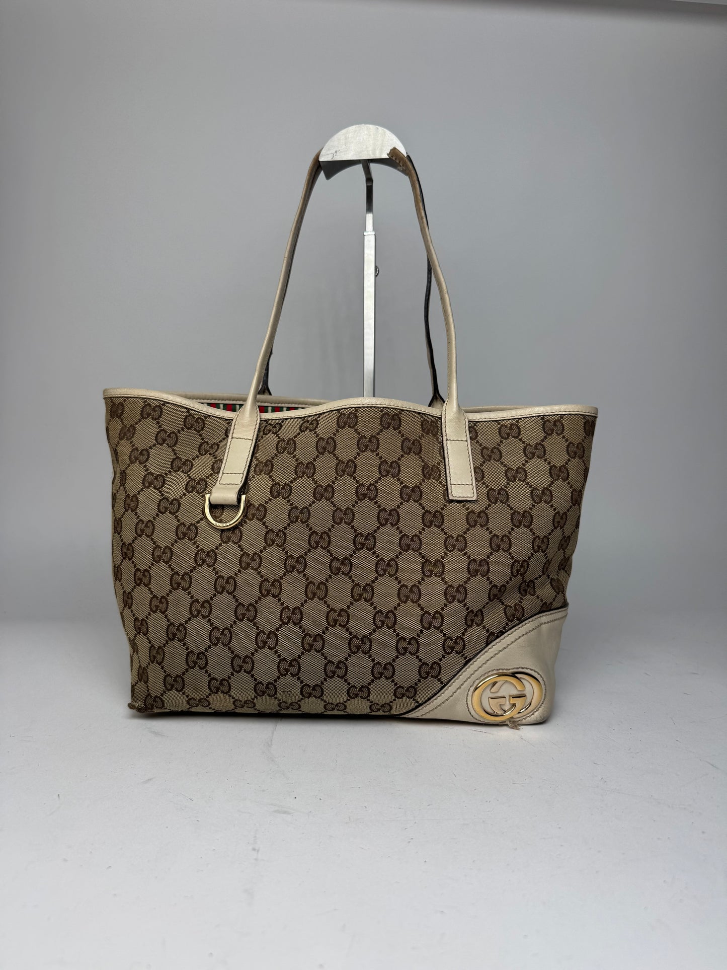Vintage Gucci Monogram Canvas Leather Tote Bag Beige brown white