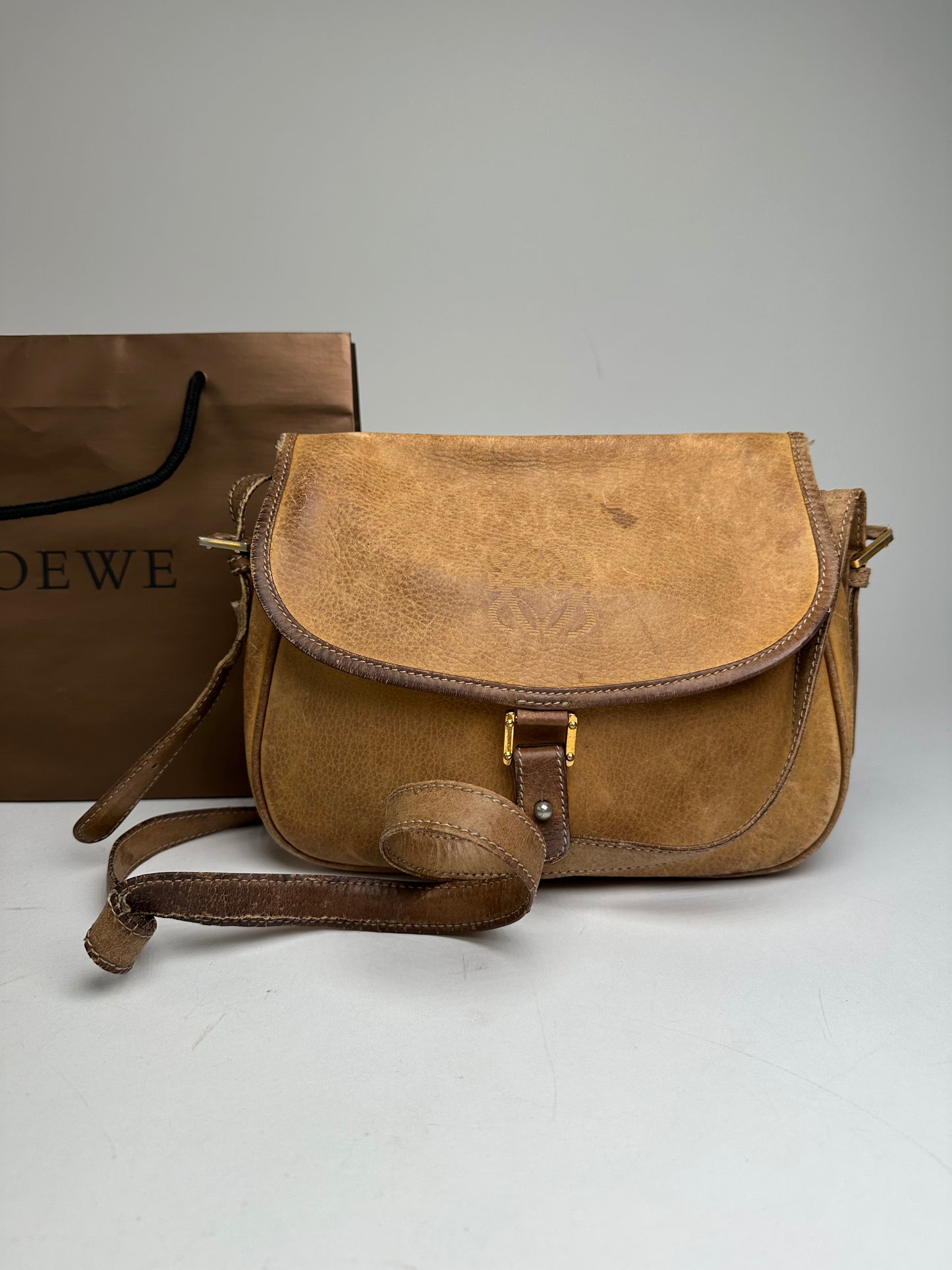 Vintage Loewe Anagram Leather Crossbody Shoulder Bag Brown