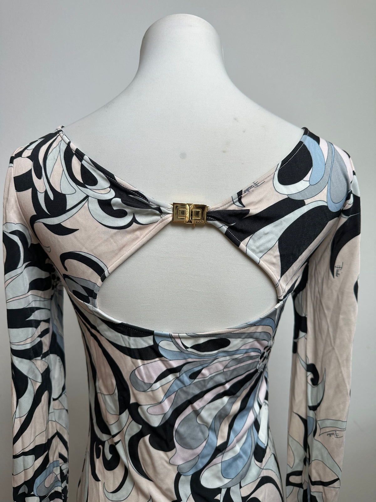 Vintage Emilio Pucci Jersey Long Sleeve Dress Early 2000s Cream Blue XS