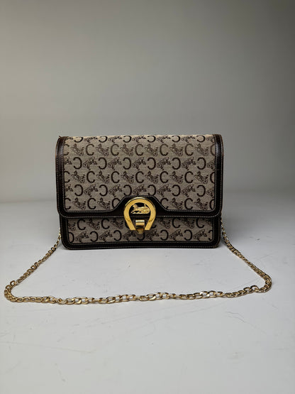 Vintage Celine C Logo Canvas Shoulder Bag Beige Brown Gold