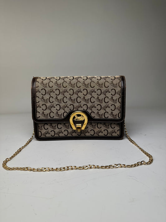 Vintage Celine C Logo Canvas Shoulder Bag Beige Brown Gold