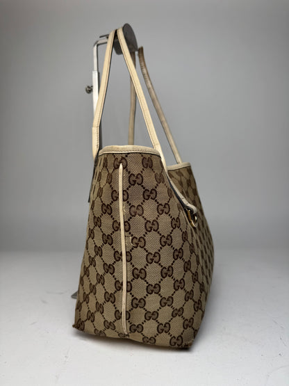 Vintage Gucci Monogram Canvas Leather Tote Bag Beige brown white