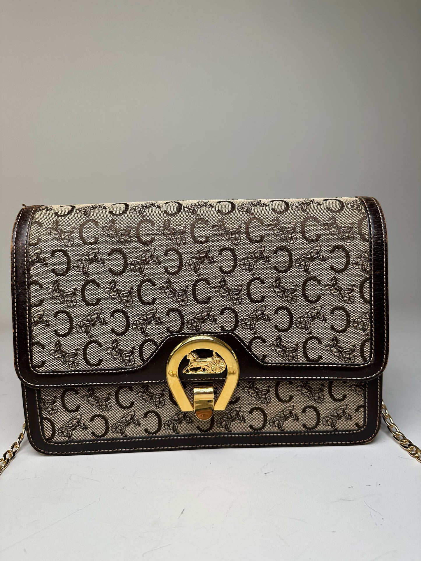 Vintage Celine C Logo Canvas Shoulder Bag Beige Brown Gold