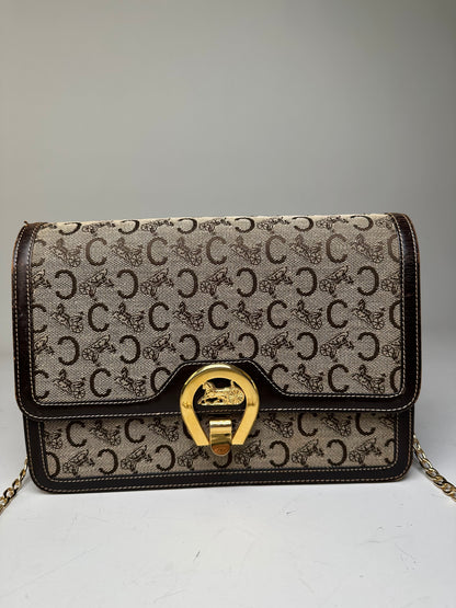 Vintage Celine C Logo Canvas Shoulder Bag Beige Brown Gold