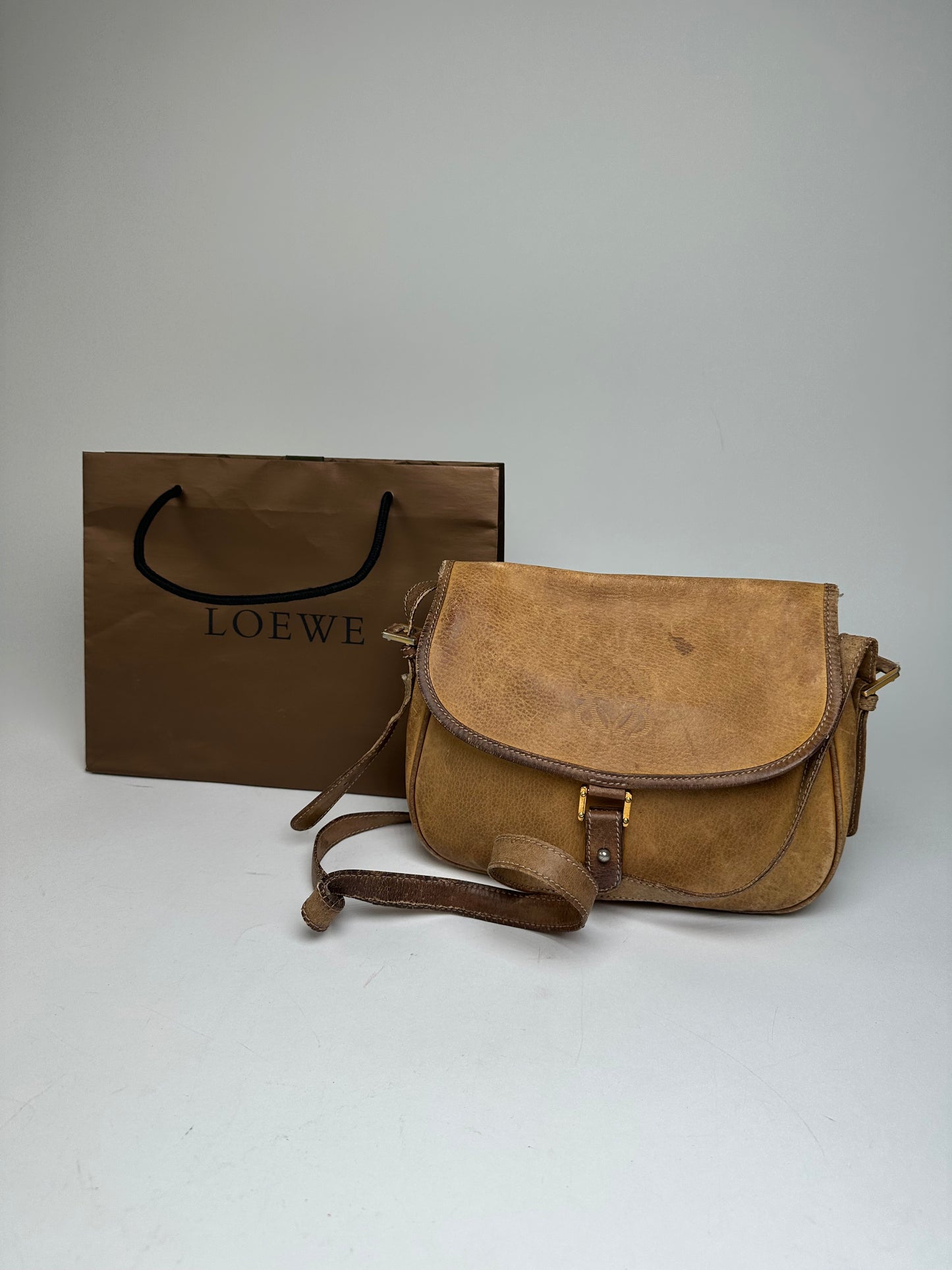 Vintage Loewe Anagram Leather Crossbody Shoulder Bag Brown