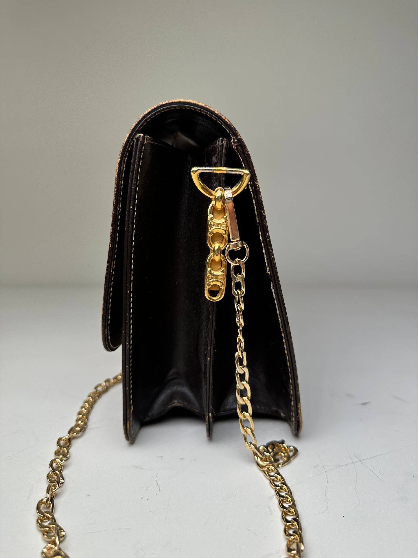 Vintage Celine C Logo Canvas Shoulder Bag Beige Brown Gold