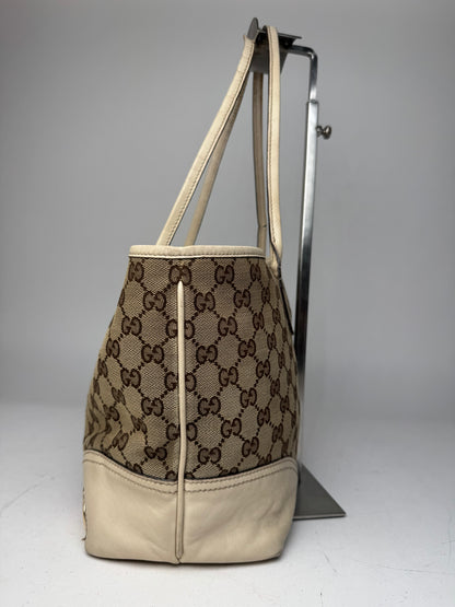 Vintage Gucci Monogram Canvas Leather Tote Bag Beige brown white