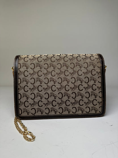 Vintage Celine C Logo Canvas Shoulder Bag Beige Brown Gold