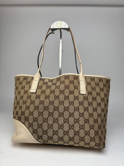 Vintage Gucci Monogram Canvas Leather Tote Bag Beige brown white