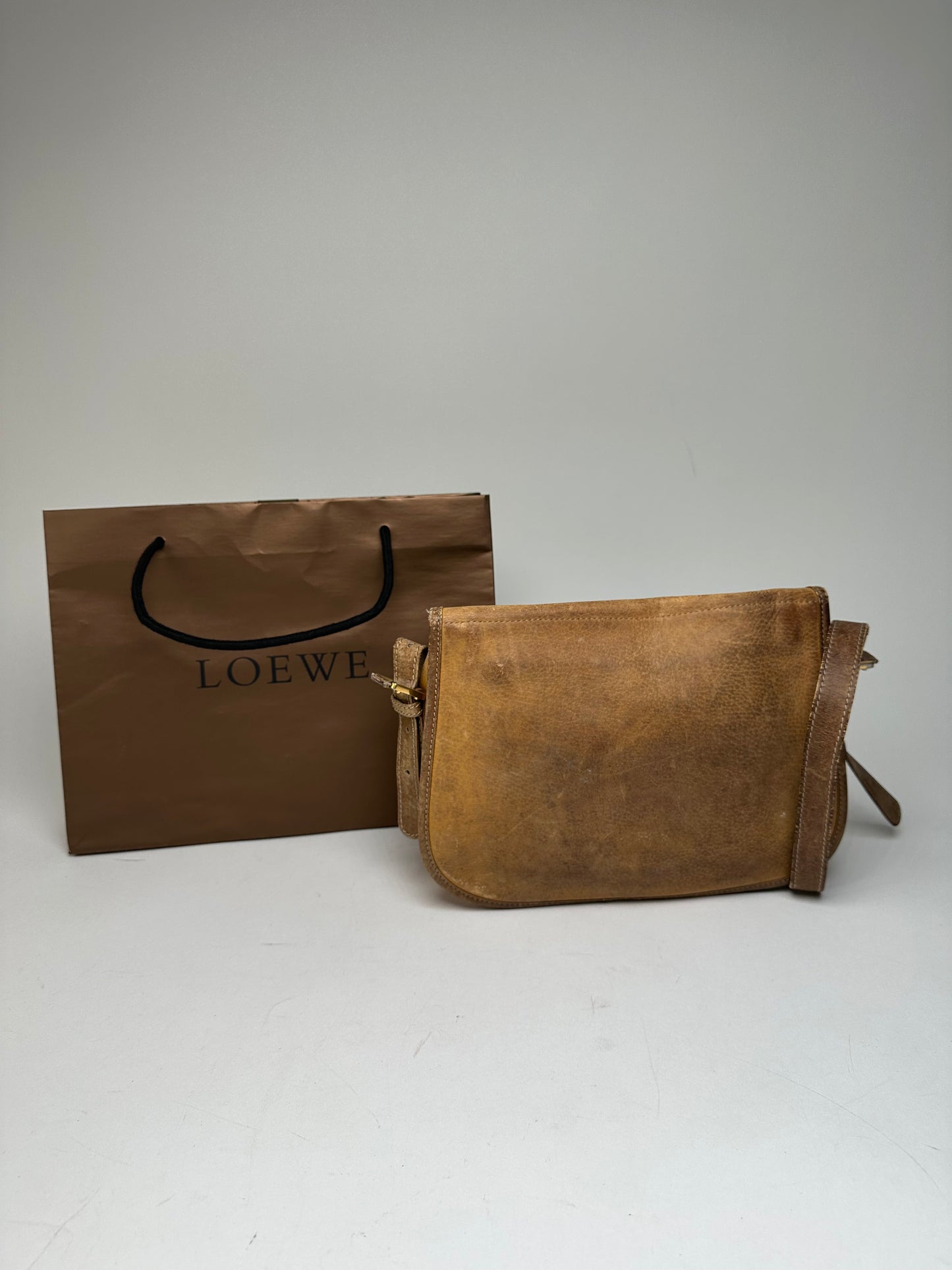 Vintage Loewe Anagram Leather Crossbody Shoulder Bag Brown
