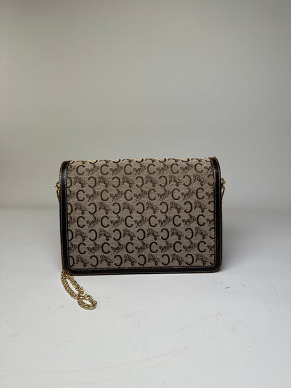 Vintage Celine C Logo Canvas Shoulder Bag Beige Brown Gold