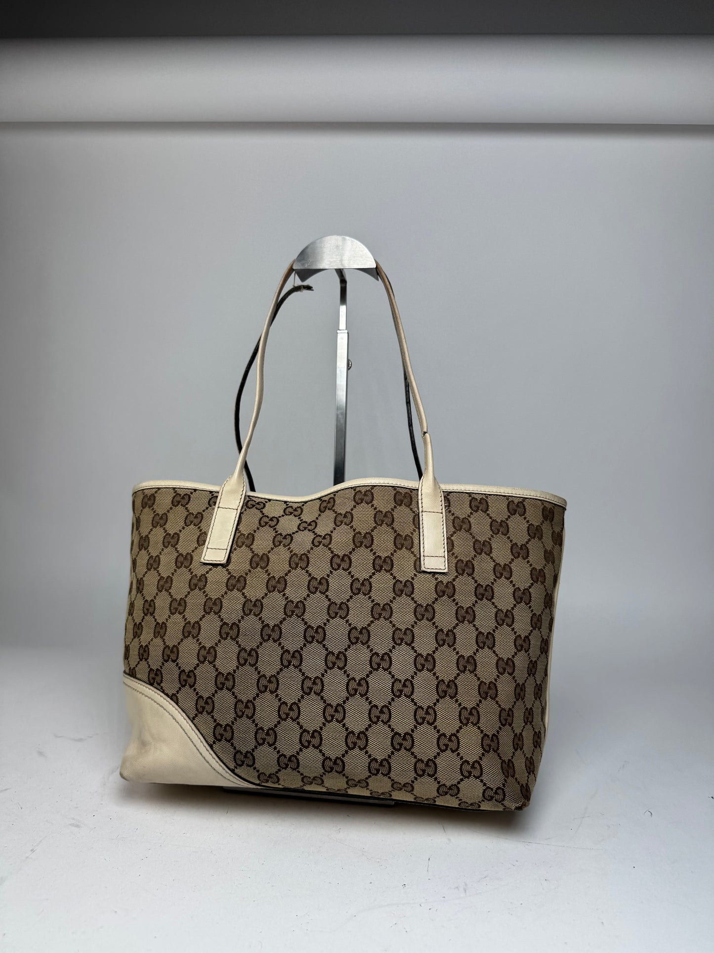Vintage Gucci Monogram Canvas Leather Tote Bag Beige brown white