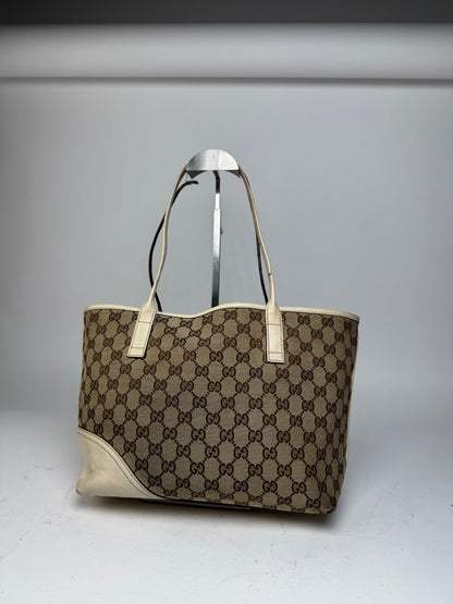 Vintage Gucci Monogram Canvas Leather Tote Bag Beige brown white