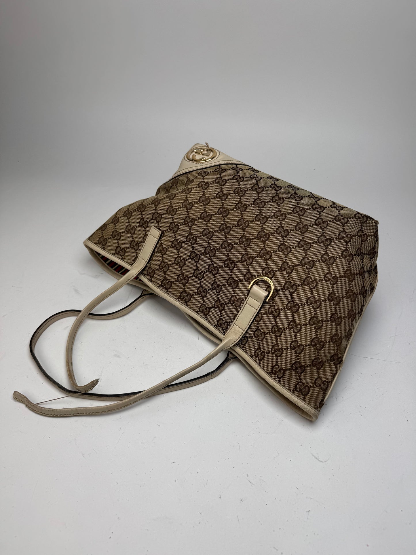Vintage Gucci Monogram Canvas Leather Tote Bag Beige brown white