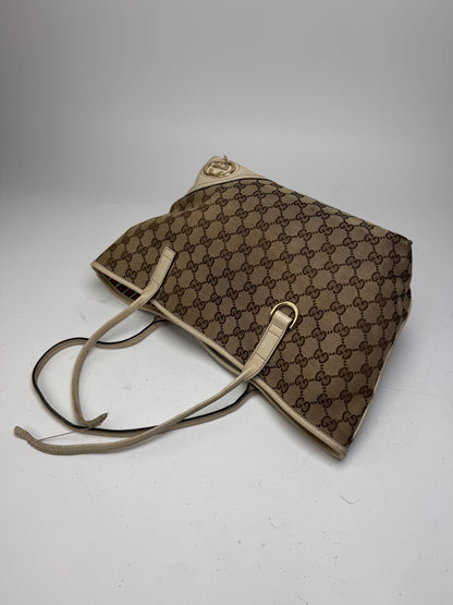 Vintage Gucci Monogram Canvas Leather Tote Bag Beige brown white