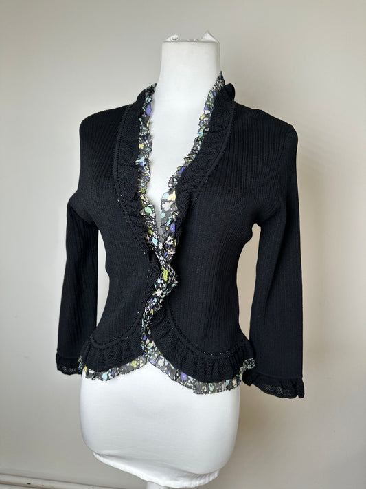 Vintage Courrèges Ribbed Knit Cardigan Black Floral 38