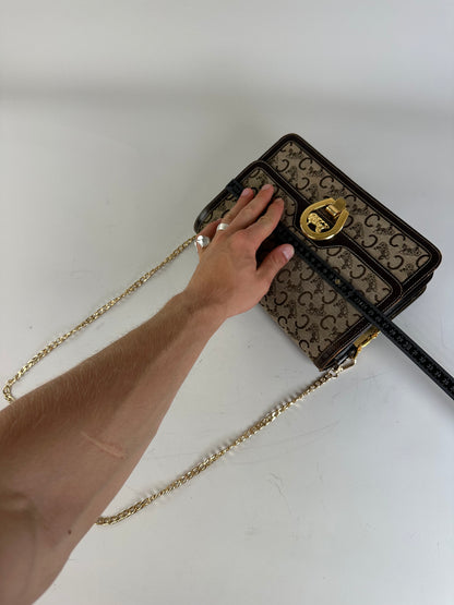 Vintage Celine C Logo Canvas Shoulder Bag Beige Brown Gold