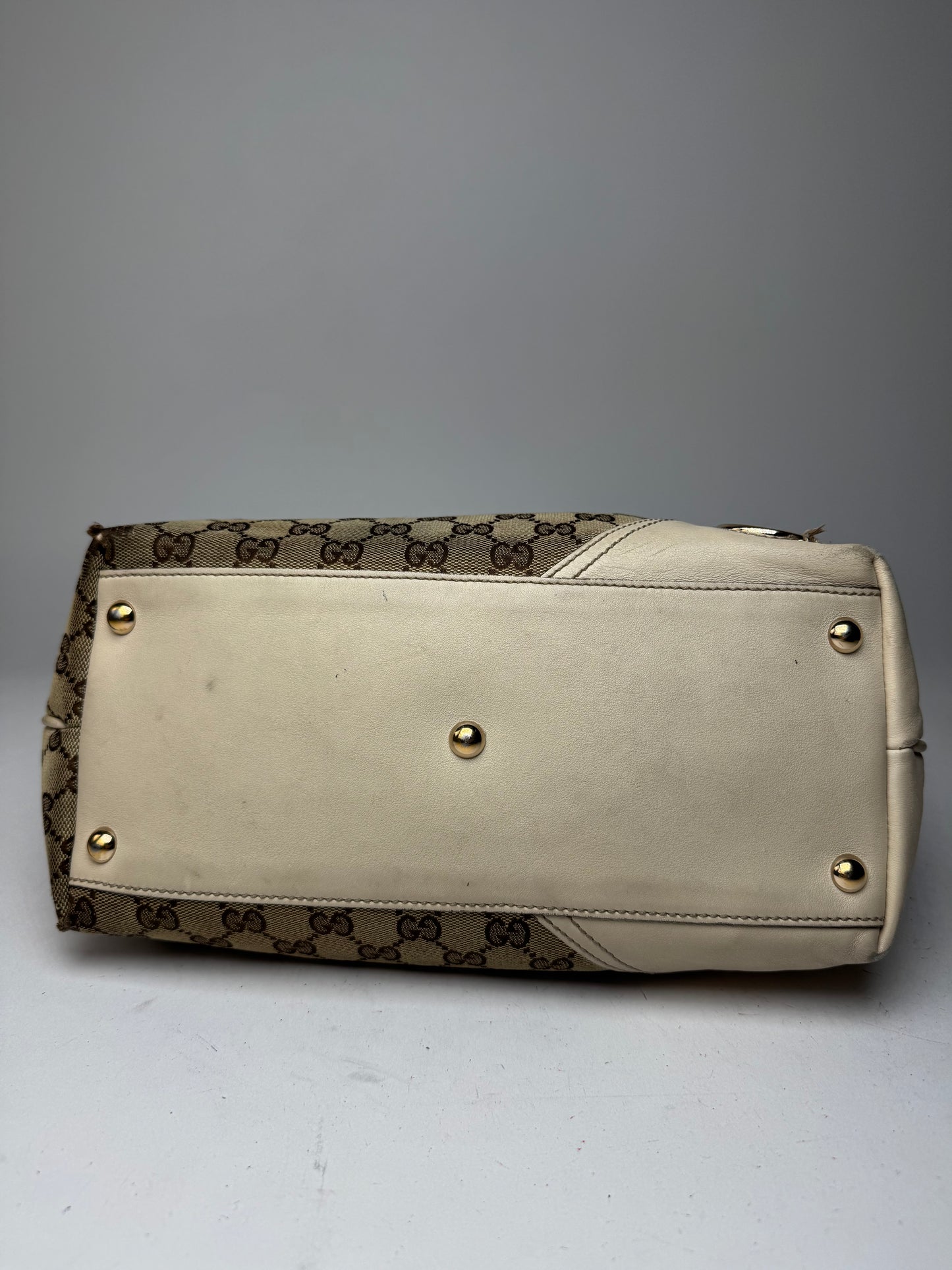 Vintage Gucci Monogram Canvas Leather Tote Bag Beige brown white