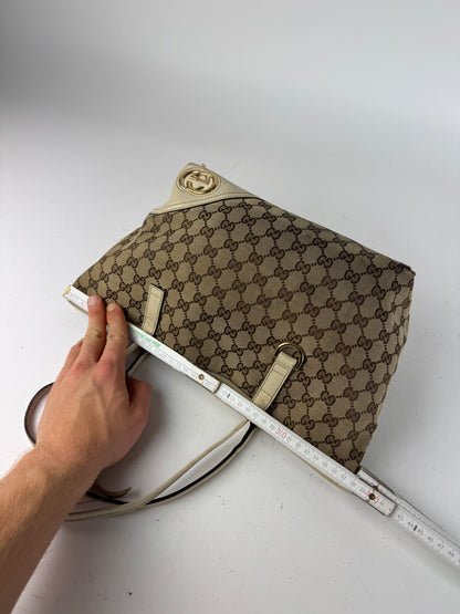 Vintage Gucci Monogram Canvas Leather Tote Bag Beige brown white